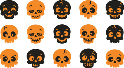 Obraz premium Set of cute cartoon skulls in orange and black colors for halloween decorations and party design elements