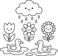 Fototapeta premium Cute cartoon ducks swimming in puddles on a rainy day with flowers