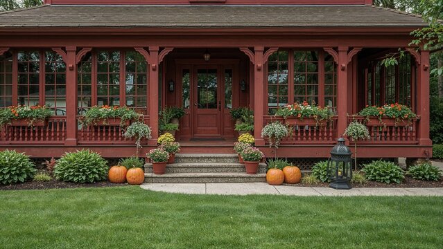 Red wooden house with porch, surrounded by potted flowers and pumpkins, with a well-maintained lawn and garden, and a lantern on the grass.