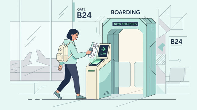 Woman Boarding Airplane at Airport Gate with Digital Ticket and Scanner
