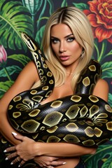 Attractive blonde woman with blue eyes holds large python snake around shoulders, arms. Tropical floral background adds to exotic, wild atmosphere. Poses sensually, showing off beauty, connection © Pete