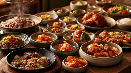 Obraz premium 食卓に並ぶ韓国料理