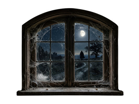 Ghostly figure walking outside a dusty window with cobwebs at night. Mystery concept.
