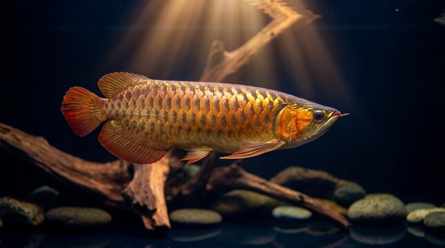 Majestic Asian Golden Arowana Swimming in Aquarium