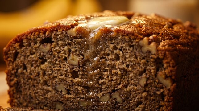 Macro Close-up of Moist Banana Walnut Bread Slice