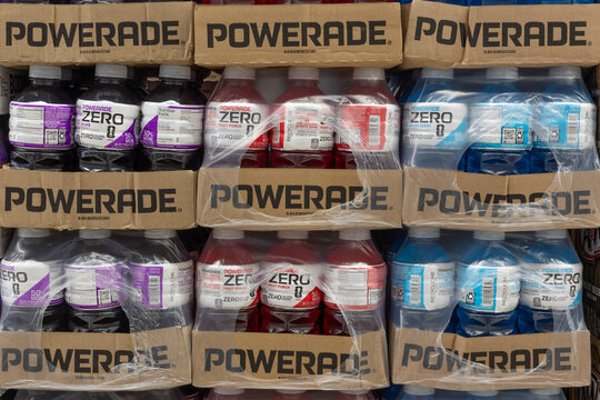 Powerade sports drink display. Powerade replenishes electrolytes lost during physical activities and a division of Coca-Cola.