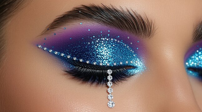 Woman wears dramatic blue and purple glitter eyeshadow with gems. She has false lashes. Makeup artist applies festive eye look. Perfect for party, holiday, carnival.