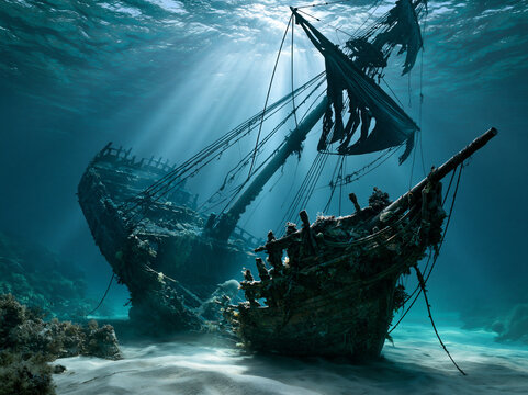 sunken shipwreck beneath sunlit ocean waters, historic shipwreck with dramatic underwater sunbeams, encrusted sailing ship resting on sandy ocean floor