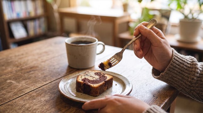 Person Enjoying Slice of Marble Pound Cake with Coffee
