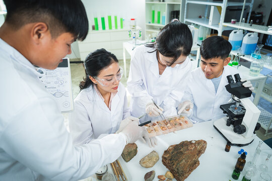 Laboratory scientist student microscope rock sample geology research team examining mineral specimen with careful focus, protective coat, glass slide, tool, bottle, shelf, chart inside bright lab