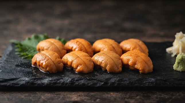 Fresh sea urchin gonads uni served on black stone platter with ginger and wasabi in authentic setting.