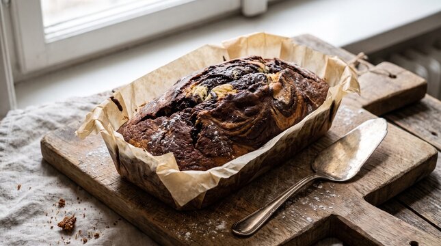 Whole Marble Loaf Cake on Rustic Wooden Board