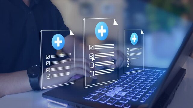 Digital medical records and healthcare automation concept featuring doctors using AI powered systems.