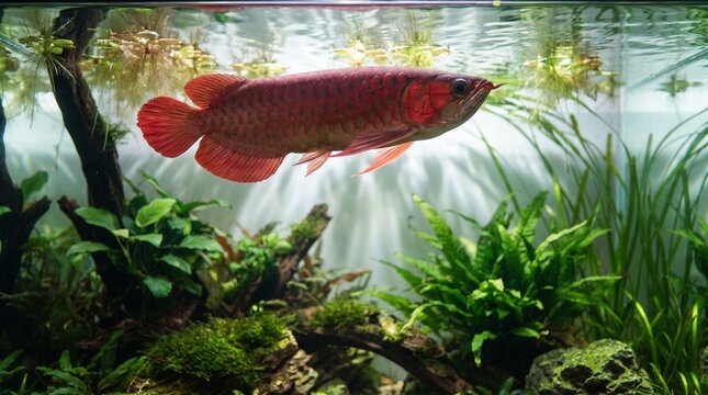 Sleek Red Arowana Gliding in Planted Aquascape Tank