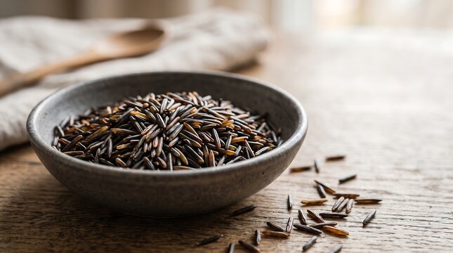 Wild rice grains in gray ceramic bowl placed on weathered wooden table with blurred kitchen backdrop.
