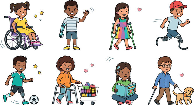 Inclusive Children with Disabilities Vector Collection Featuring Diverse Kids Using Wheelchairs Prosthetics Crutches Mobility Aids and Everyday Activities in Flat Illustration Style