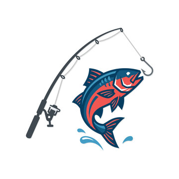 Minimalist Vector Illustration of Fishing Rod and Fish