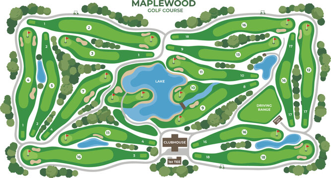 Golf course map with numbered holes and central lake during daylight with surrounding trees and pathways