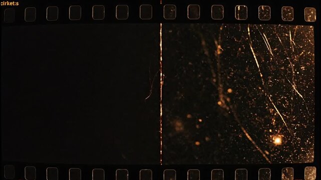 Vintage 35mm film strip background with heavy dust, scratches, and light leaks overlay