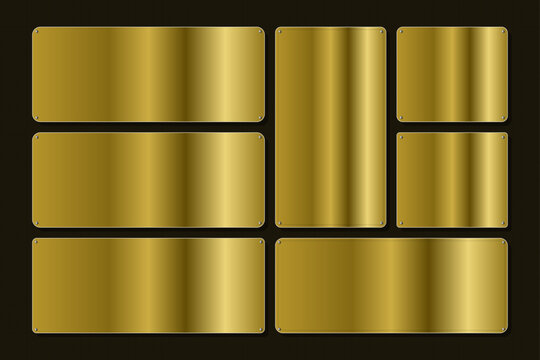 Gold gradient swatches collection, metallic golden texture set for graphic design, luxury yellow metal color palette vector, 7 premium foil swatches