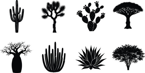 Fototapeta premium Minimalist black silhouettes of cactus, Joshua tree, baobab, agave, acacia, and other desert plants, ideal for nature projects, educational visuals, and eco-themed designs.