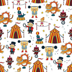 Seamless circus pattern, circus tent, ringmaster, strongman, tiger, seal, bear and acrobat. Retro carnival repeat background. Perfect for wrapping, packaging, stationery, fabric and textile prints. © VitaZukaArt
