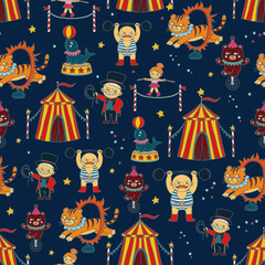 Seamless circus pattern, circus tent, ringmaster, strongman, tiger, seal, bear and acrobat. Retro carnival repeat background. Perfect for wrapping, packaging, stationery, fabric and textile prints. © VitaZukaArt