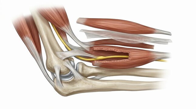 Human elbow anatomy showing muscles and nerve pathway
