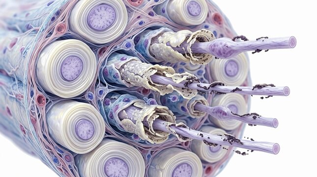 Cross section of nerve fibers with myelin sheath layers
