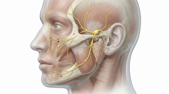 Detailed network of facial nerves in human head profile