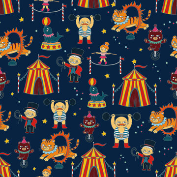 Seamless circus pattern, circus tent, ringmaster, strongman, tiger, seal, bear and acrobat. Retro carnival repeat background. Perfect for wrapping, packaging, stationery, fabric and textile prints.