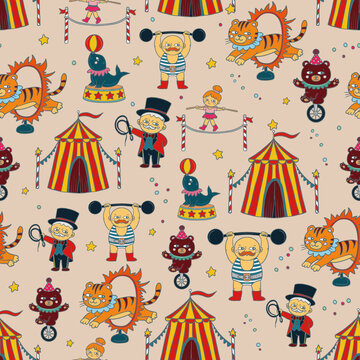 Seamless circus pattern, circus tent, ringmaster, strongman, tiger, seal, bear and acrobat. Retro carnival repeat background. Perfect for wrapping, packaging, stationery, fabric and textile prints.