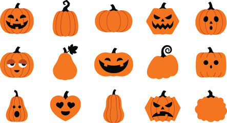 Fototapeta premium Set of various hand drawn halloween pumpkin icons with different funny and scary facial expressions on white background