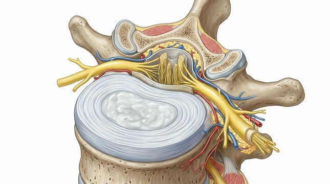 Spinal vertebra anatomy with nerve roots and intervertebral disc