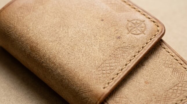 Macro shot of brown leather wallet with embossed compass design isolated on transparent background