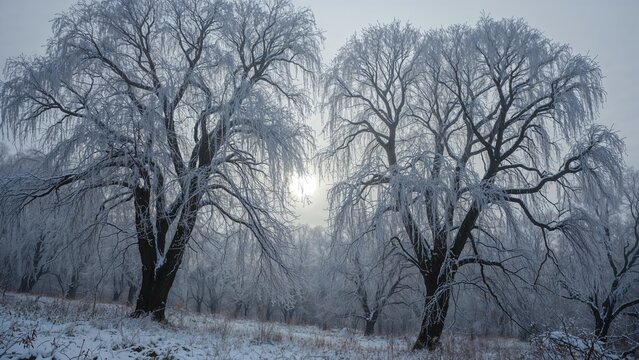 Two large trees covered with snow, with a winter landscape and sunset or sunrise in the background.