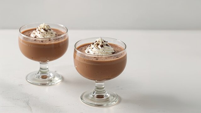 Two glasses of hot chocolate topped with whipped cream on a white surface.