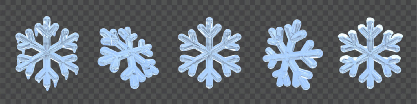 Set of 3d frozen ice snowflake icons in several winter styles. Clear glass effect, icy with icicles, snow-covered. Blue crystal effect, isolated vector. For Christmas, holiday, weather, seasonal.