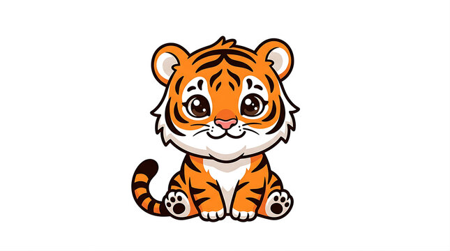 Original cute chibi tiger cub sitting with a playful smile, isolated on white background.
