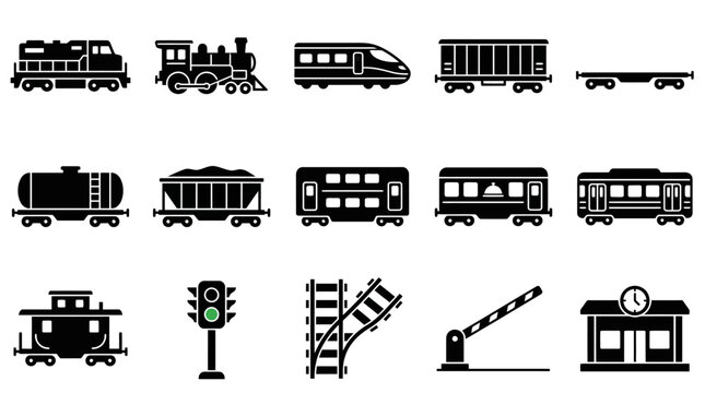 Minimalist Black and White Icons Set of Various Train Vehicles Railway Signals and Station Elements