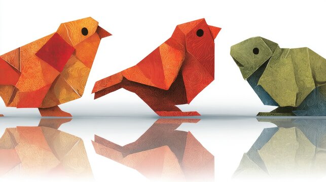 Three origami birds and a small animal, reflected