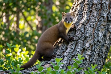 Pine marten climbs rough tree bark in sunny forest. Small brown wild mammal with orange throat patch looks at camera. Cute predator animal stands on wooden trunk outdoor. Woodland creature explores © Pete