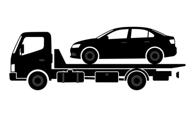 Naklejka premium Black silhouette of a modern flatbed tow truck carrying a compact sedan in side profile isolated on white background logistics and transport concept
