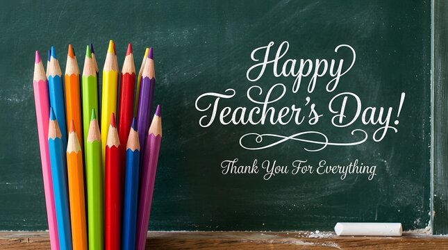 Colorful pencils standing against a chalkboard with a festive message for teachers day celebration