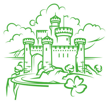 Medieval castle or fortress, linear vector drawing