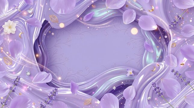 Luxury lavender silk fabric waves with flower petals and sparkling elements isolated on transparent background