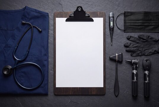 Medical clipboard with stethoscope and doctor equipment on dark stone