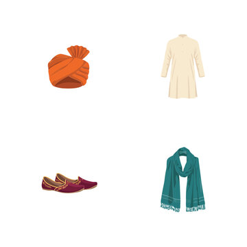 Traditional indian men's clothing set featuring orange turban kurta tunic maroon jutti shoes and teal scarf isolated on white background