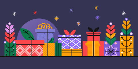 Obraz premium Wrapped gift boxes and stylized plants colorful vector illustration