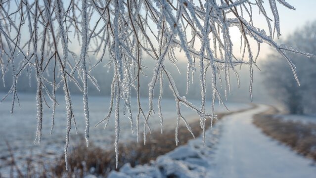 Frozen winter branches with icy snow, landscape view of a snowy road and trees in the background. Cold weather and winter season scene. Nature and winter landscape.